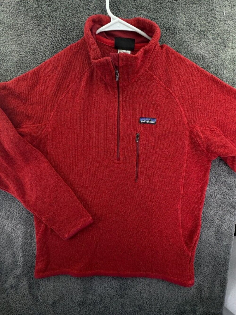 Patagonia Men Medium Red 1/4 Zip Fleece Jacket Hiking Pullover Logo Pocket